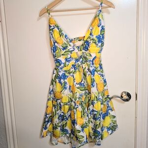 Yellow and Blue Lemon Print Mini Dress